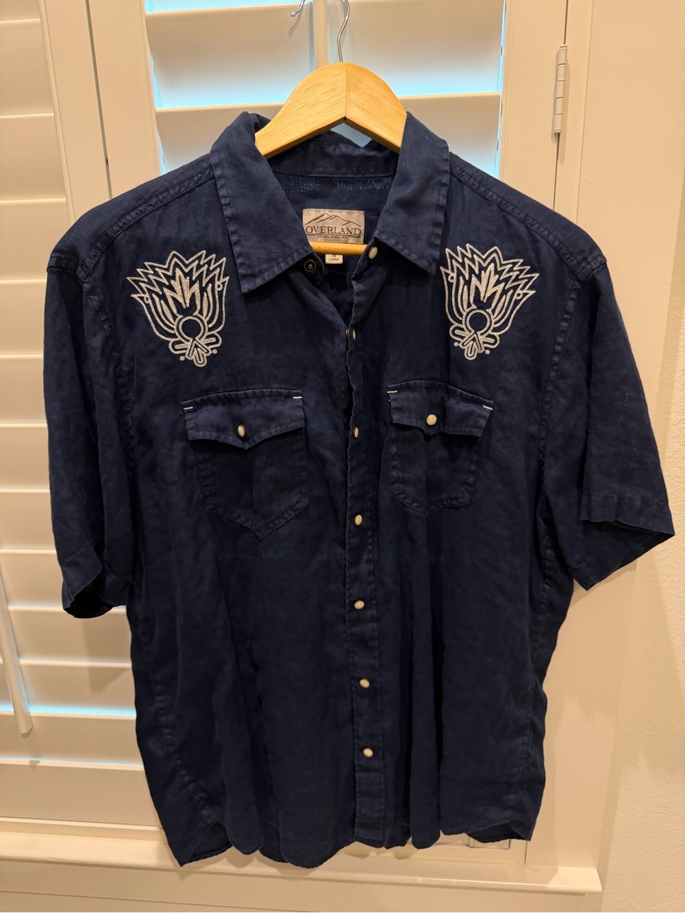 Overland Men's Navy Short-Sleeve Button-Down Shirt with Embroidered Chest